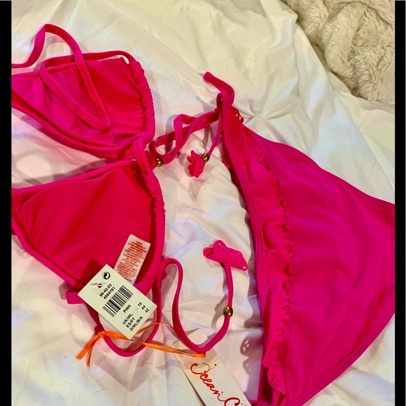 Neon Pink Triangle top bikini with lace ruffles and gold metal accents - Picture 5 of 6